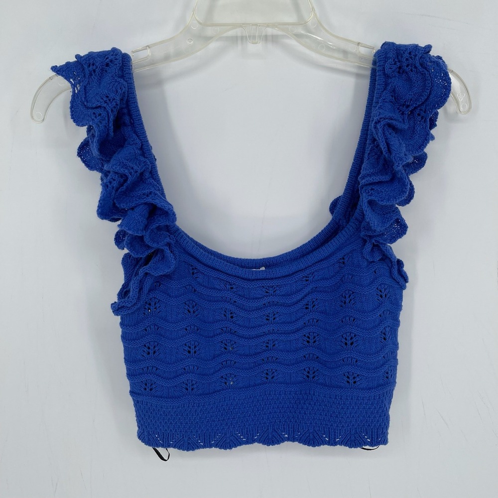 H&M NWT Women's Blue Ruffle Sleeve Pointelle Crop Crochet Effect Tank Top Size S